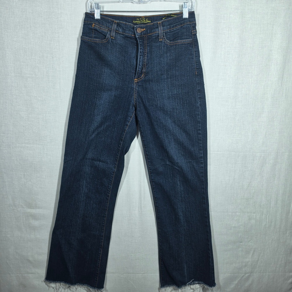 NYDJ Straight Leg Jeans Womens 8 Raw Edge Boho Dark Wash Raw Hem Denim